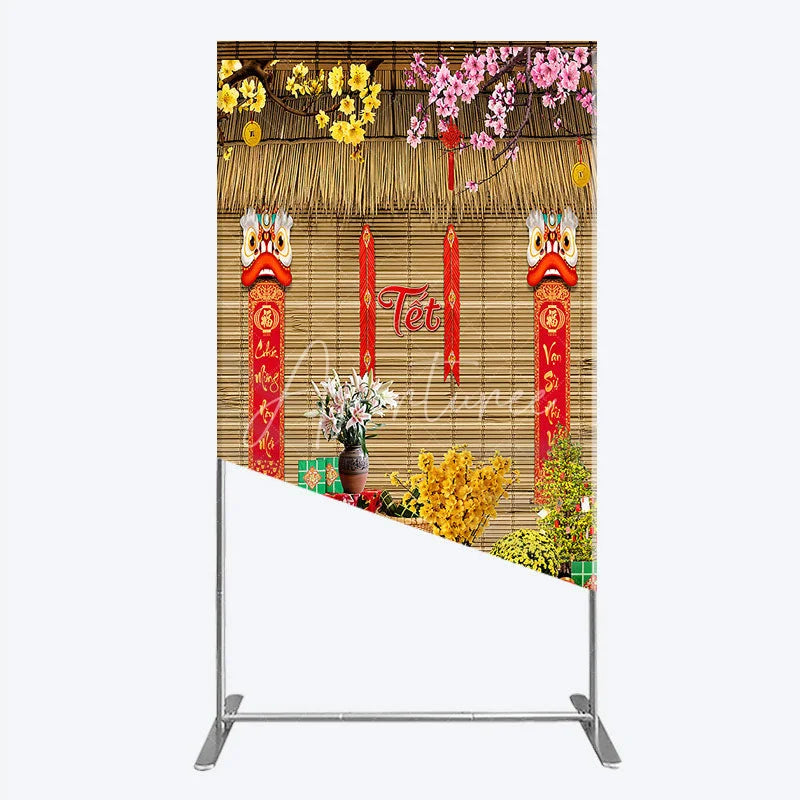 Aperturee - Aperturee Tet Lunar New Year Holiday Rectangle Backdrop Vietnamese Traditional Spring Flowers and Lion Dance Background