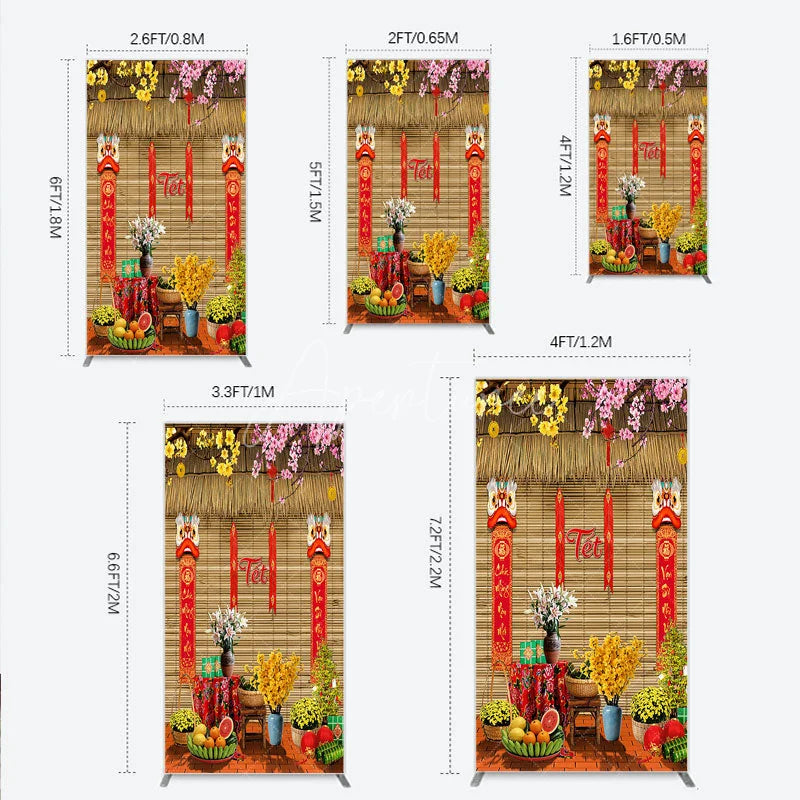 Aperturee - Aperturee Tet Lunar New Year Holiday Rectangle Backdrop Vietnamese Traditional Spring Flowers and Lion Dance Background