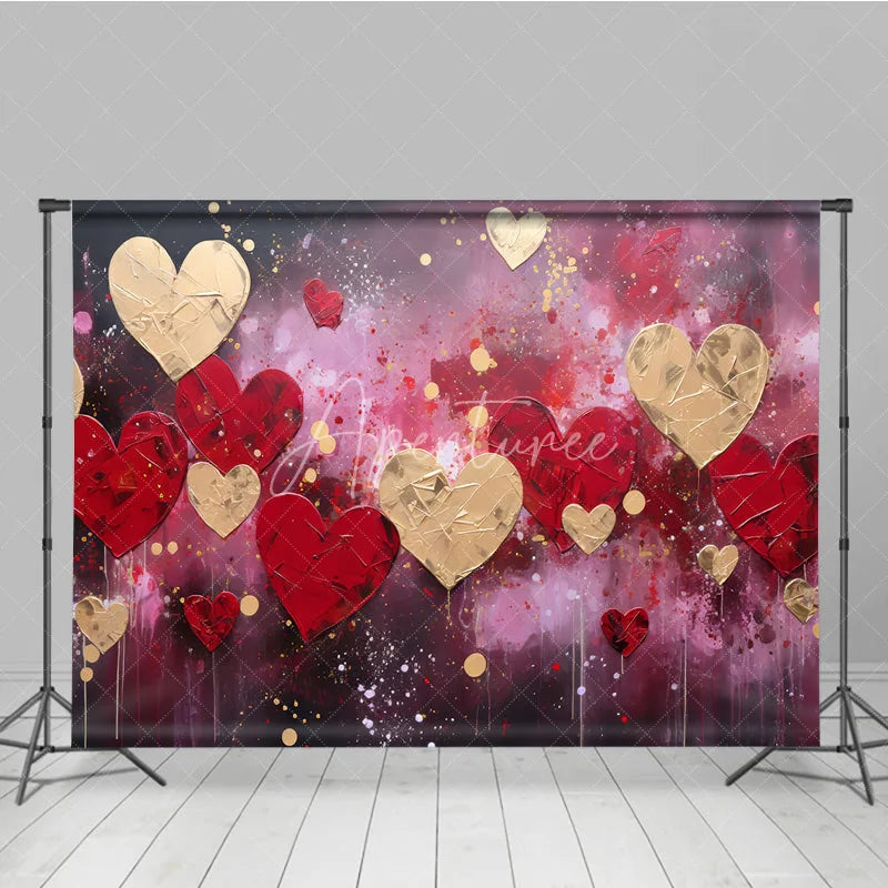 Aperturee - Aperturee Textured Red and Gold Hearts Abstract Paint Splatter Photography Backdrop Romantic Valentine’s Day Celebration