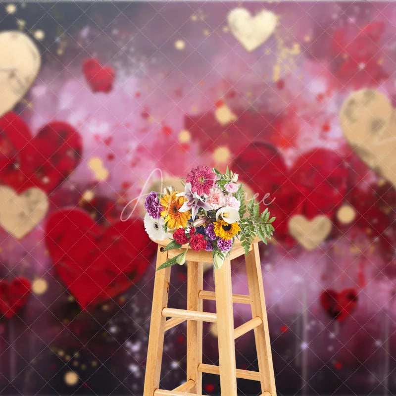 Aperturee - Aperturee Textured Red and Gold Hearts Abstract Paint Splatter Photography Backdrop Romantic Valentine’s Day Celebration