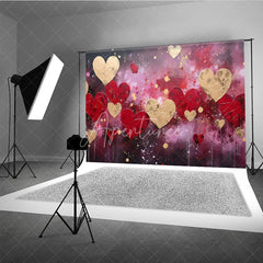 Aperturee - Aperturee Textured Red and Gold Hearts Abstract Paint Splatter Photography Backdrop Romantic Valentine’s Day Celebration