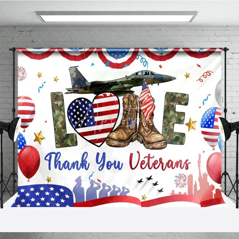 Aperturee - Aperturee Thank You Veterans Backdrop Patriotic Military Appreciation Banner American Flag Boots Jet Party Decorations