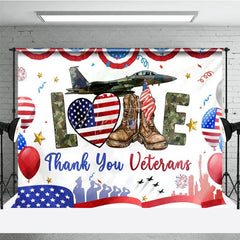 Aperturee - Aperturee Thank You Veterans Backdrop Patriotic Military Appreciation Banner American Flag Boots Jet Party Decorations