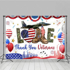 Aperturee - Aperturee Thank You Veterans Backdrop Patriotic Military Appreciation Banner American Flag Boots Jet Party Decorations