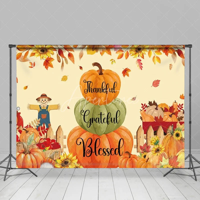 Aperturee - Aperturee Thankful Grateful Blessed Backdrop Fall Pumpkin Scarecrow Background for Thanksgiving Autumn Harvest Party Decoration