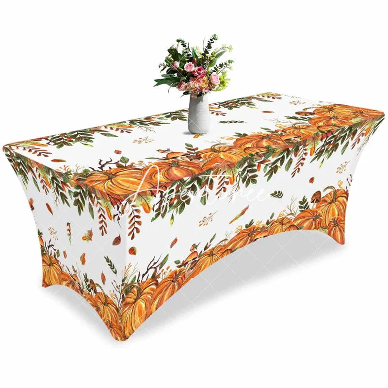 Aperturee - Aperturee Thanksgiving Fall Pumpkin Leaves Cute Stretch Table Cover