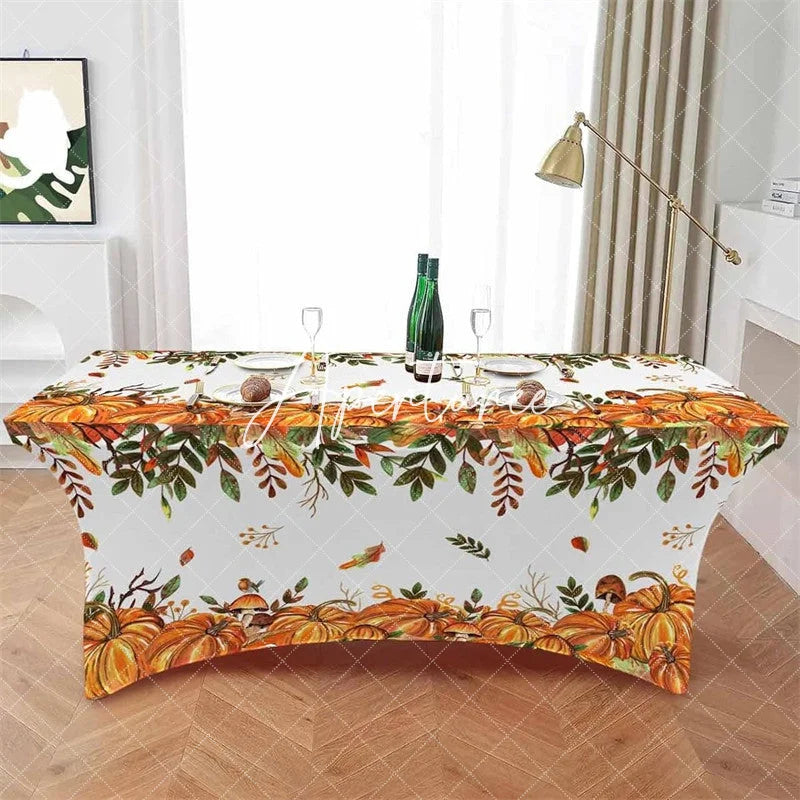 Aperturee - Aperturee Thanksgiving Fall Pumpkin Leaves Cute Stretch Table Cover