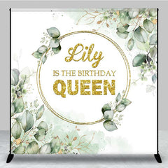 Aperturee Aperturee The Birthday Queen Custom Backdrop Gold Glitter and Greenery Wreath Elegant Eucalyptus Leaves Party Decor