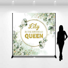 Aperturee Aperturee The Birthday Queen Custom Backdrop Gold Glitter and Greenery Wreath Elegant Eucalyptus Leaves Party Decor