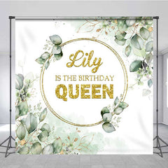 Aperturee Aperturee The Birthday Queen Custom Backdrop Gold Glitter and Greenery Wreath Elegant Eucalyptus Leaves Party Decor