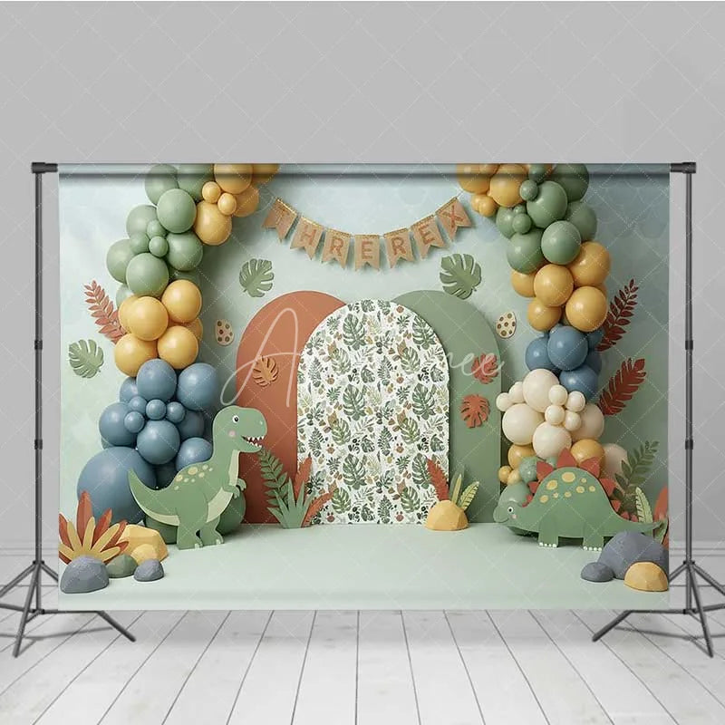 Aperturee - Aperturee Three Rex Birthday Backdrop Dinosaur Jungle Safari Photography Background 3rd Birthday Party Decoration Prop
