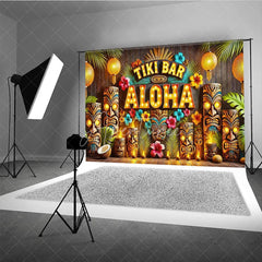 Aperturee - Aperturee Tiki Bar Aloha Tropical Holiday Backdrop Summer Beach Party Decor with Glowing Lanterns and Wooden Totems
