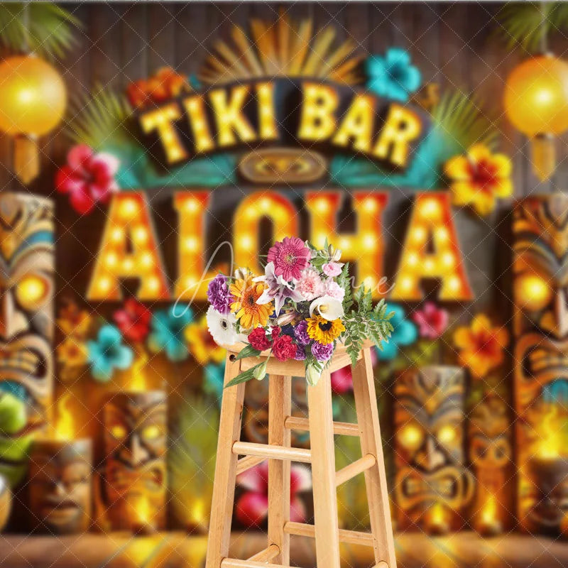 Aperturee - Aperturee Tiki Bar Aloha Tropical Holiday Backdrop Summer Beach Party Decor with Glowing Lanterns and Wooden Totems