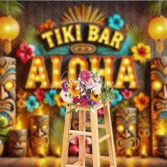 Aperturee - Aperturee Tiki Bar Aloha Tropical Holiday Backdrop Summer Beach Party Decor with Glowing Lanterns and Wooden Totems