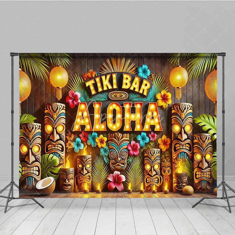 Aperturee - Aperturee Tiki Bar Aloha Tropical Holiday Backdrop Summer Beach Party Decor with Glowing Lanterns and Wooden Totems