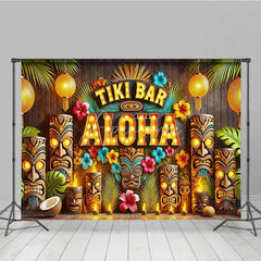 Aperturee - Aperturee Tiki Bar Aloha Tropical Holiday Backdrop Summer Beach Party Decor with Glowing Lanterns and Wooden Totems