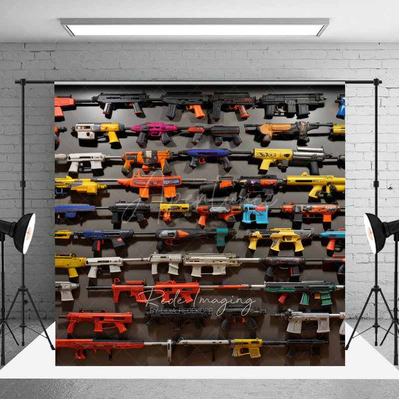 Aperturee Aperturee Toy Blaster Wall Cake Smash Backdrop Fun Birthday Party Photo Prop for Boys Colorful Blaster Collection Decor