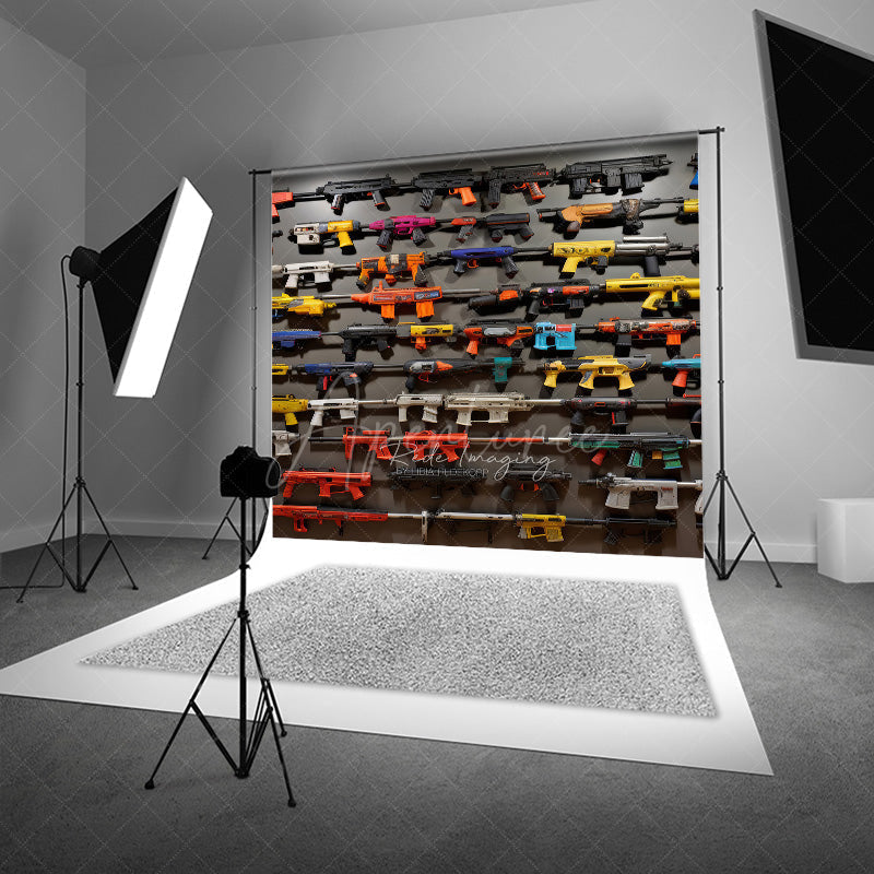 Aperturee Aperturee Toy Blaster Wall Cake Smash Backdrop Fun Birthday Party Photo Prop for Boys Colorful Blaster Collection Decor