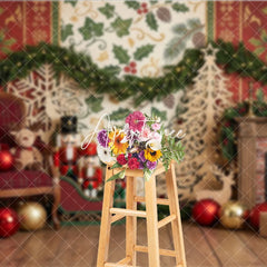 Aperturee - Aperturee Traditional Christmas Fireplace Nutcracker Photography Backdrop with Festive Gifts and Holiday Garland Decor