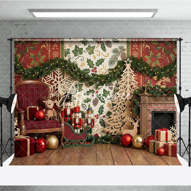 Aperturee - Aperturee Traditional Christmas Fireplace Nutcracker Photography Backdrop with Festive Gifts and Holiday Garland Decor