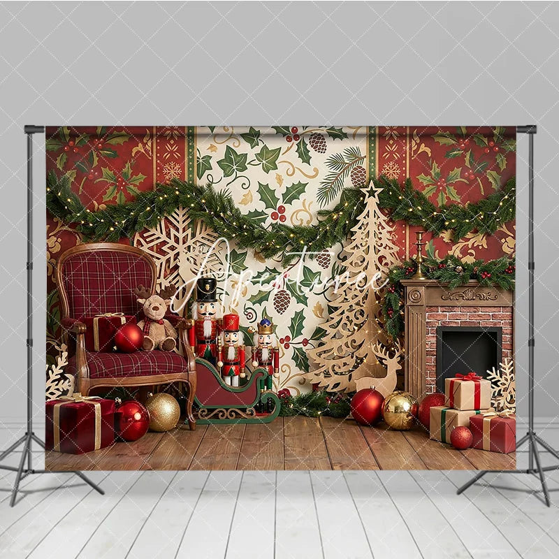 Aperturee - Aperturee Traditional Christmas Fireplace Nutcracker Photography Backdrop with Festive Gifts and Holiday Garland Decor