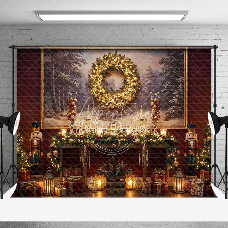 Aperturee - Aperturee Traditional Christmas Photography Backdrop Red Wall with Nutcrackers and Wreath Holiday Mini Session Background