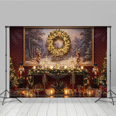 Aperturee - Aperturee Traditional Christmas Photography Backdrop Red Wall with Nutcrackers and Wreath Holiday Mini Session Background