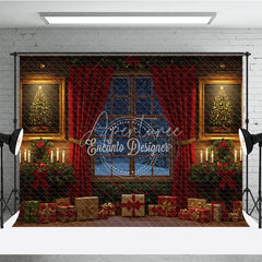 Aperturee - Aperturee Traditional Christmas Window Photography Backdrop Red Curtains and Snowy View Cozy Holiday Room Scene with Presents