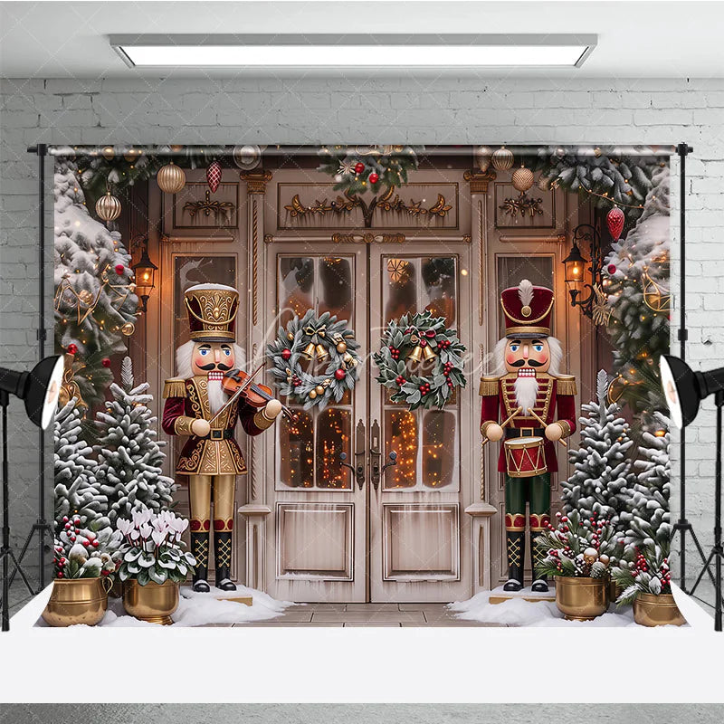 Aperturee - Aperturee Traditional Nutcracker Christmas Holiday Backdrop Snow Covered Pine Trees and Festive Door Decor