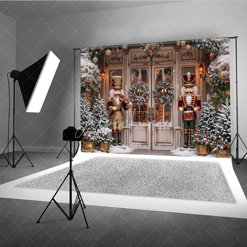 Aperturee - Aperturee Traditional Nutcracker Christmas Holiday Backdrop Snow Covered Pine Trees and Festive Door Decor