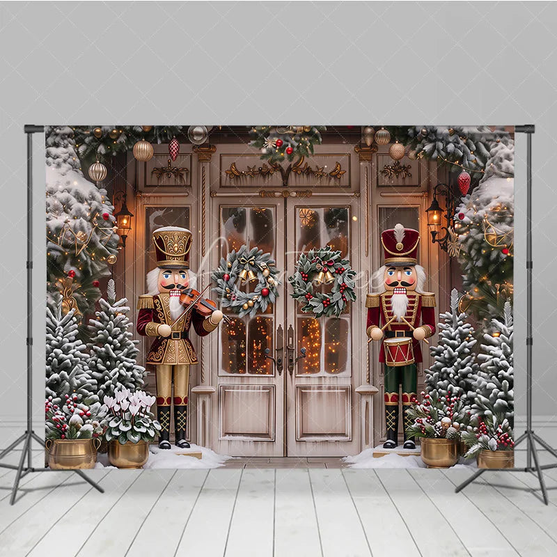Aperturee - Aperturee Traditional Nutcracker Christmas Holiday Backdrop Snow Covered Pine Trees and Festive Door Decor