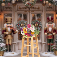 Aperturee - Aperturee Traditional Nutcracker Christmas Holiday Backdrop Snow Covered Pine Trees and Festive Door Decor