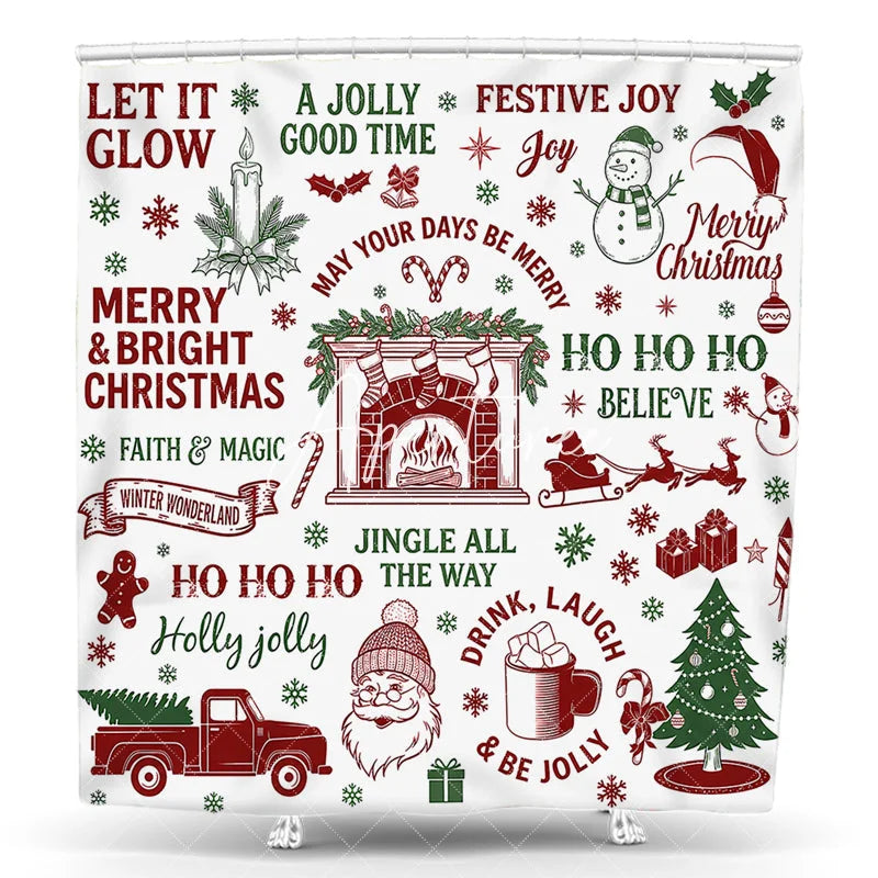 Aperturee - Aperturee Traditional Red and Green Christmas Shower Curtain featuring Santa Snowman and Festive Holiday Elements