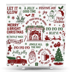 Aperturee - Aperturee Traditional Red and Green Christmas Shower Curtain featuring Santa Snowman and Festive Holiday Elements