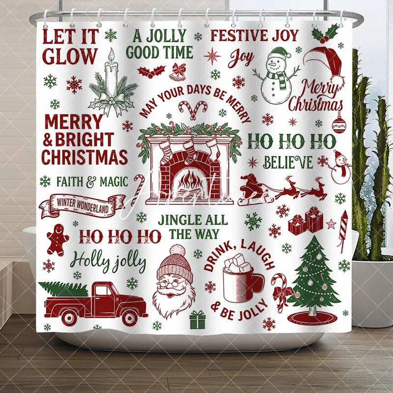 Aperturee - Aperturee Traditional Red and Green Christmas Shower Curtain featuring Santa Snowman and Festive Holiday Elements
