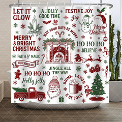 Aperturee - Aperturee Traditional Red and Green Christmas Shower Curtain featuring Santa Snowman and Festive Holiday Elements