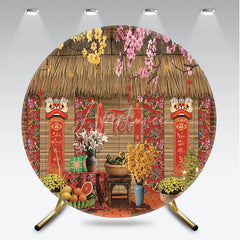 Aperturee - Aperturee Traditional Vietnamese Tet Holiday Round Backdrop Lunar New Year Lion Dance and Blossom Party Decoration