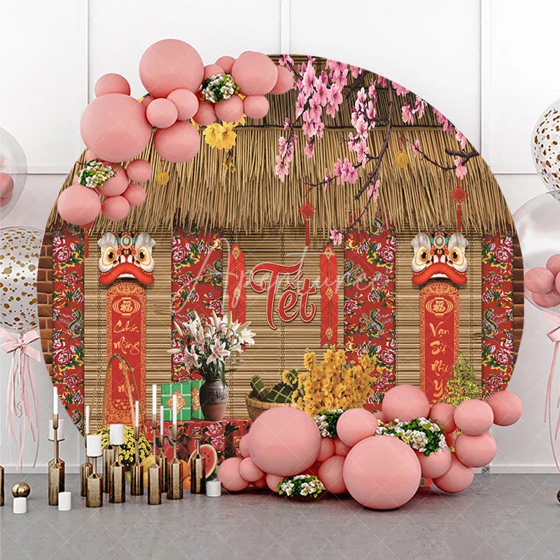 Aperturee - Aperturee Traditional Vietnamese Tet Holiday Round Backdrop Lunar New Year Lion Dance and Blossom Party Decoration
