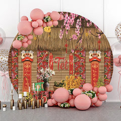 Aperturee - Aperturee Traditional Vietnamese Tet Holiday Round Backdrop Lunar New Year Lion Dance and Blossom Party Decoration