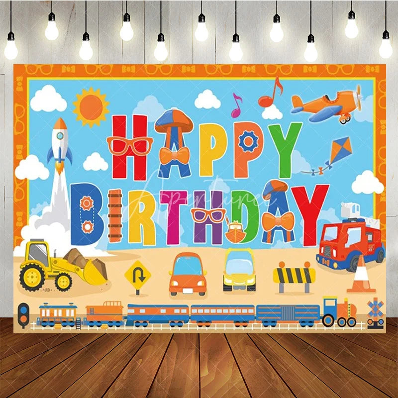 Aperturee - Aperturee Transportation Themed Happy Birthday Backdrop for Boy Cartoon Cars Train and Rocket Kids Vehicle Party Decor