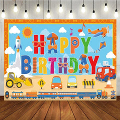 Aperturee - Aperturee Transportation Themed Happy Birthday Backdrop for Boy Cartoon Cars Train and Rocket Kids Vehicle Party Decor