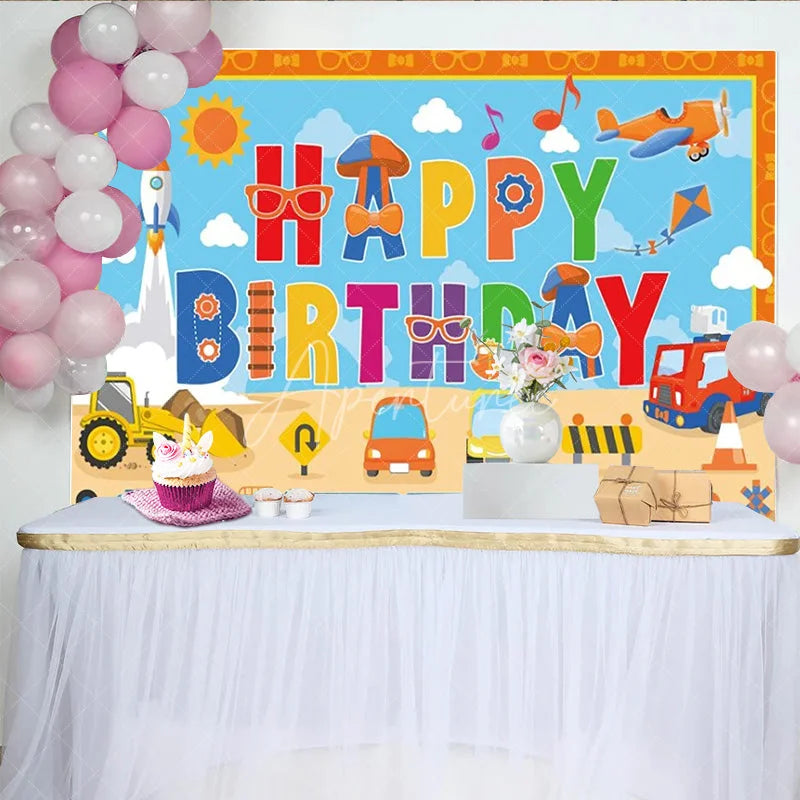 Aperturee - Aperturee Transportation Themed Happy Birthday Backdrop for Boy Cartoon Cars Train and Rocket Kids Vehicle Party Decor