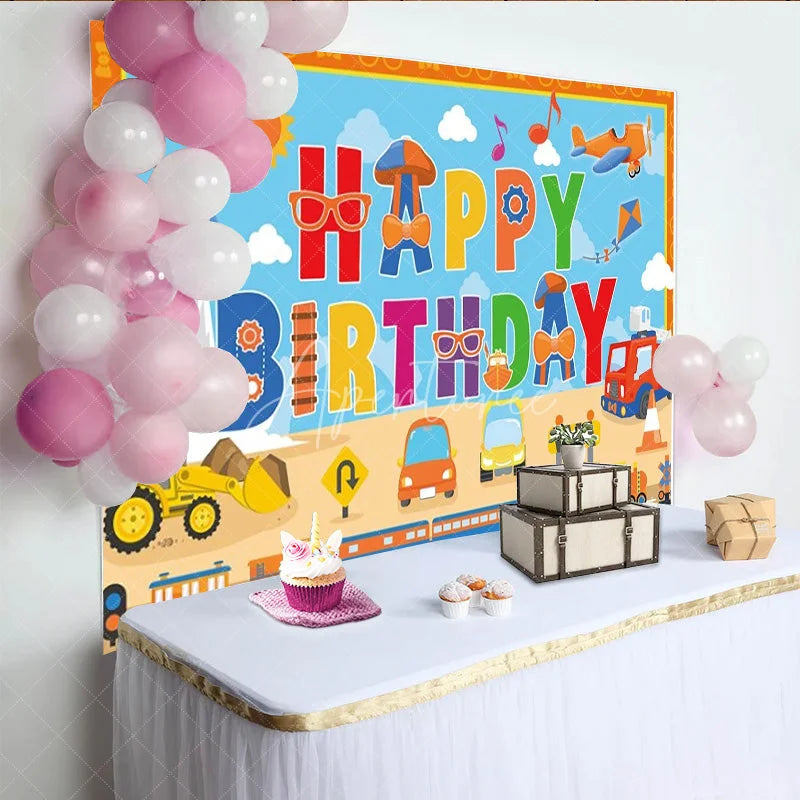Aperturee - Aperturee Transportation Themed Happy Birthday Backdrop for Boy Cartoon Cars Train and Rocket Kids Vehicle Party Decor