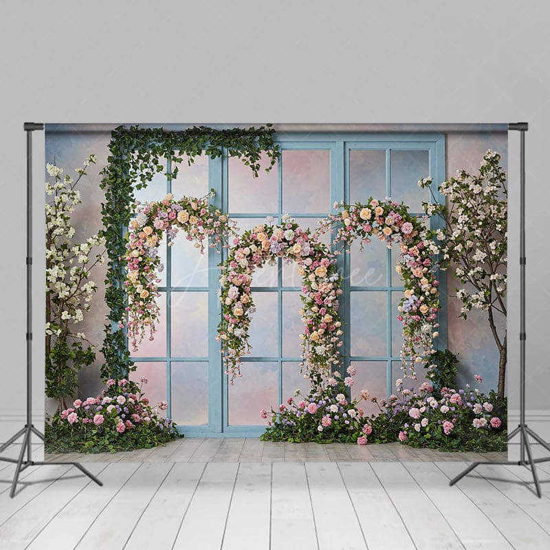 Aperturee - Aperturee Triple Floral Arch Blue Door Sweet Wedding Backdrop