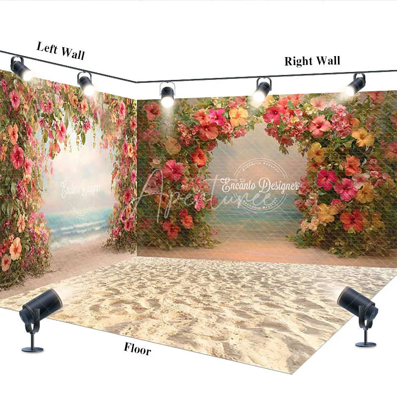 Aperturee - Aperturee Tropical Beach Floral Arch Room Set Backdrop with Sandy Floor and Ocean View for Romantic Photoshoots