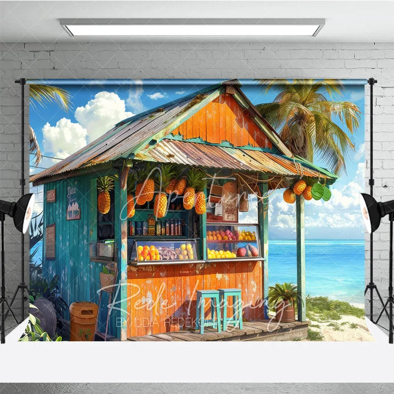 Aperturee - Aperturee Tropical Beach Fruit Stand Summer Backdrop Hanging Pineapples and Ocean View Photography Background