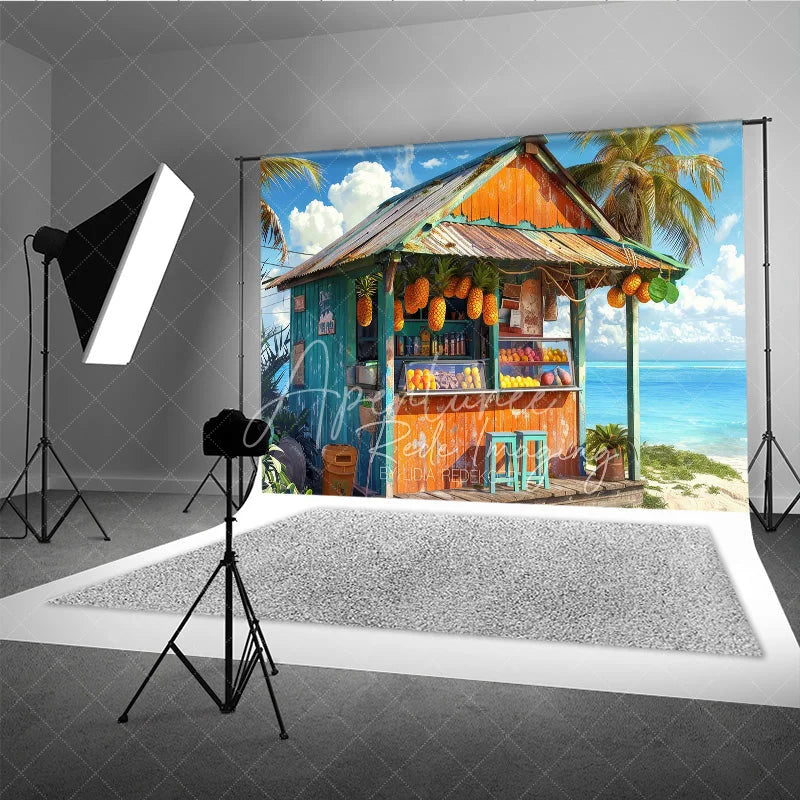 Aperturee - Aperturee Tropical Beach Fruit Stand Summer Backdrop Hanging Pineapples and Ocean View Photography Background