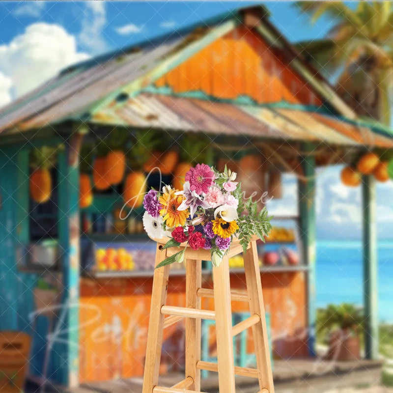 Aperturee - Aperturee Tropical Beach Fruit Stand Summer Backdrop Hanging Pineapples and Ocean View Photography Background