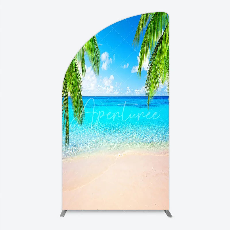 Aperturee - Aperturee Tropical Beach Half Moon Arch Backdrop with Blue Sky and Palm Trees Clear Ocean Water and Sandy Shore