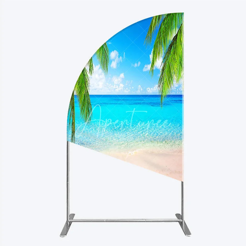 Aperturee - Aperturee Tropical Beach Half Moon Arch Backdrop with Blue Sky and Palm Trees Clear Ocean Water and Sandy Shore
